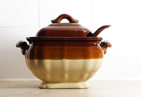 soup tureen on counter topの写真素材