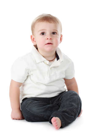 cute one year baby boy isolated on whiteの写真素材