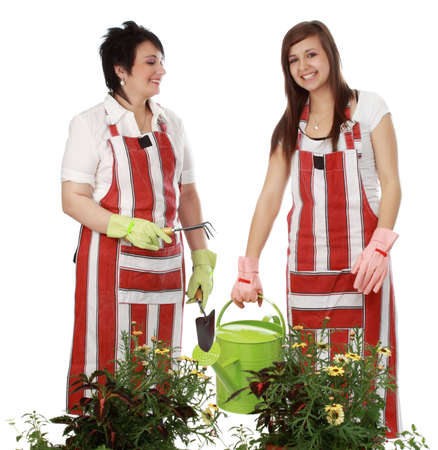 mother and daughter gardening, white backgroundの写真素材
