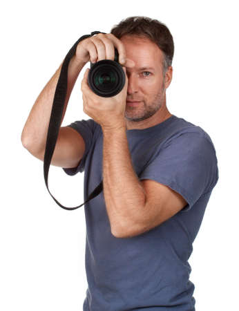 middle age caucasian man holding a camera, isolated on white