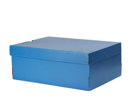 nice blue cardboard shoe box, isolated on white background の写真素材