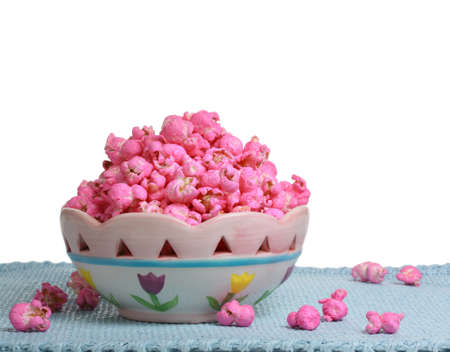 sweet pink popcorn in a fancy bowlの写真素材