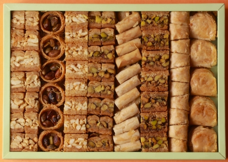 topview of a box filled with variety of baklavaの写真素材
