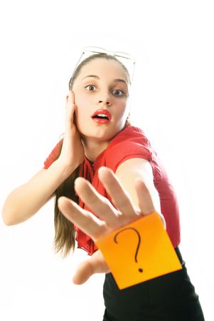 young businesswoman with a sticky note with a question mark on her hand