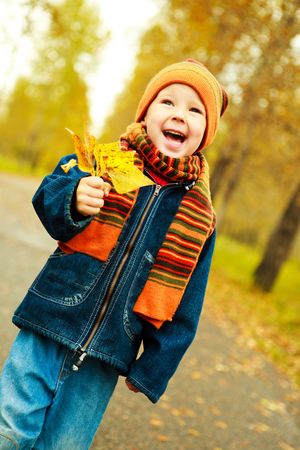 happy little boy in the autumn park with yellow leaves in his handsの写真素材