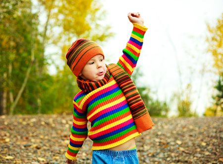 cute little boy having fun in the autumn park の写真素材