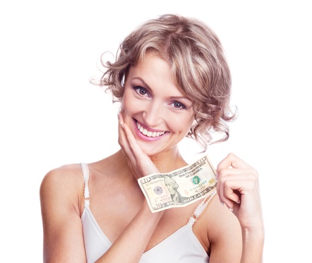 beautiful young blond woman with a ten dollars banknote