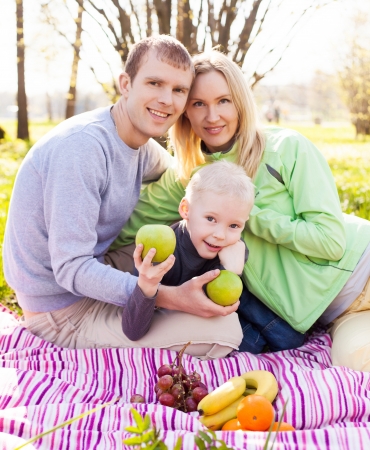 happy young family having a picnic in the park on a summer day  focus on the boy の写真素材