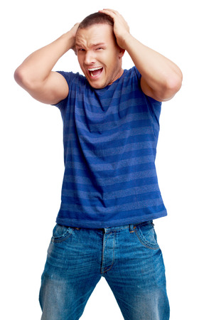 portrait of a scared young man   isolated against white backgroundの写真素材