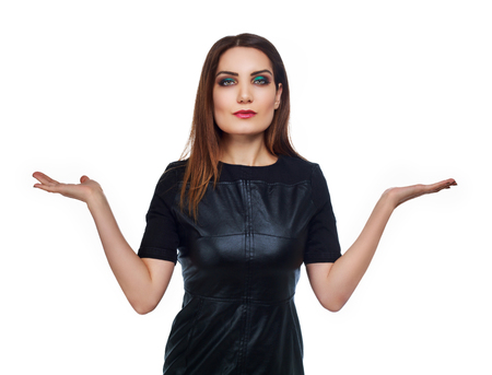 beautiful slim model with her palms up, place your product here,  isolated against white backgroundの写真素材