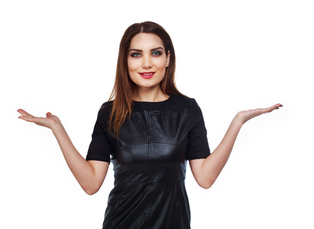 beautiful happy young  woman, with spread arms, place your product here, isolated against white backgroundの写真素材