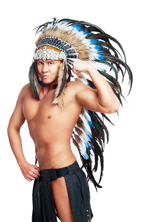 beautiful man striptease dancer wearing a Native American costumeの写真素材