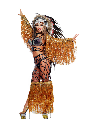 beautiful woman striptease dancer wearing a Native American costumeの写真素材