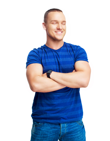 portrait of a happy laughing young man isolated against white backgroundの写真素材