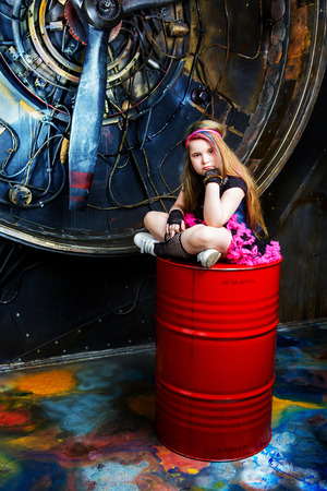 beautiful little girl in the steampunk styled photoshoot in the studioの写真素材