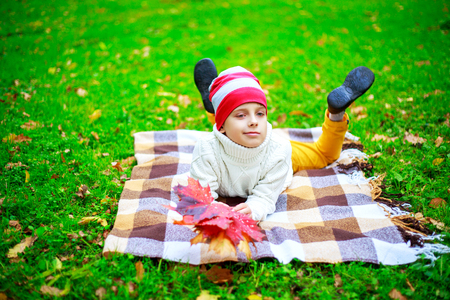 happy cute  boy in the autumn park with green grass and yellow leavesの写真素材