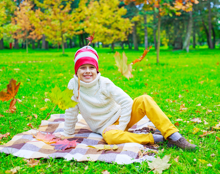 happy cute  boy in the autumn park with green grass and yellow leavesの写真素材
