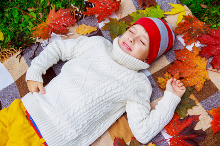happy cute  boy in the autumn park with green grass and yellow leavesの写真素材