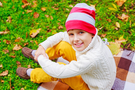 happy cute  boy in the autumn park with green grass and yellow leavesの写真素材