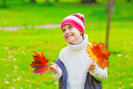 happy boy in the autumn park with yellow leaves in his handsの写真素材