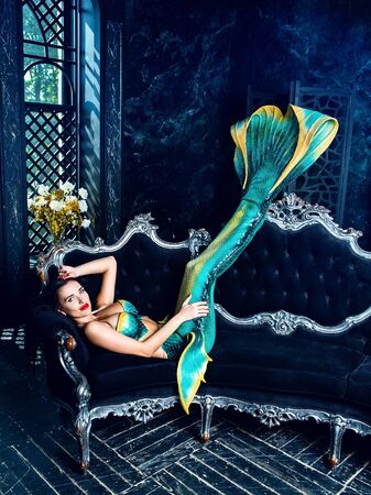 beautiful brunette model dressed as a mermaid , on the sofaの写真素材