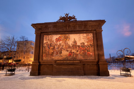 January 5, 2021 Kronstadt Saint Petersburg, Russia in winter illuminated monument Triumph of the Russian Navyのeditorial素材