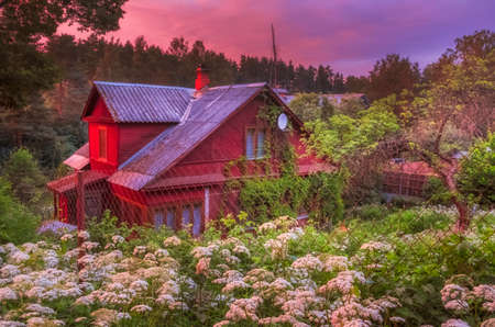 June 28, 2021 Russia, Leningrad region, Typical suburban wooden house in Russia during the USSR in an old village near the forest during a summer sunset.のeditorial素材