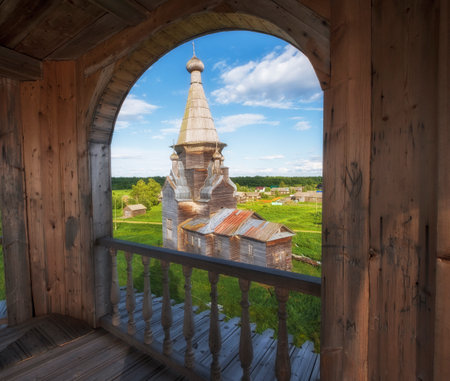 old wooden Ascension Church in the village of Piyala. Onega district of the Arkhangelsk region in Russiaの写真素材