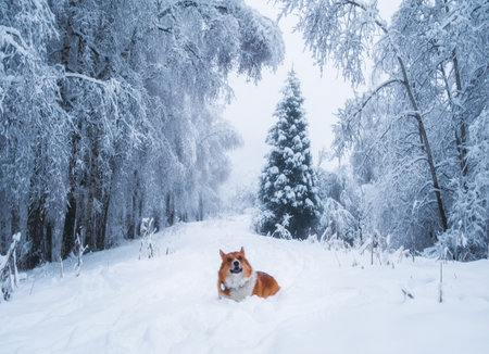 cute red welsh corgi pembroke puppy dog walking along a snow covered path in frosty winter birch mountain forestの写真素材