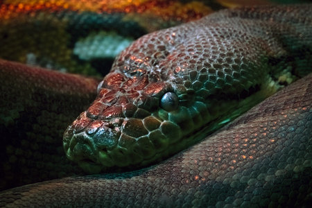 Close-up portrait of a python, a non-venomous snake lying in the dark