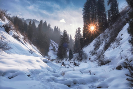 Beautiful winter mountain landscape with sun rays through a spruce forest and deep white snow in the gorgeの写真素材