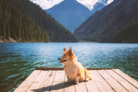 Dog traveler sitting on a wooden pier on a mountain lake with turquoise clear water. Lake Kolsai or...