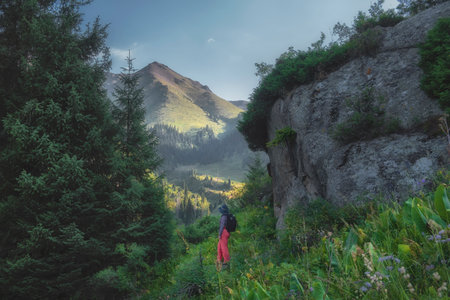 Woman tourist admires wooded mountain gorge Gorelnik in the Trans-Ili Alatau mountains near the city of Almaty in Kazakhstan.の写真素材