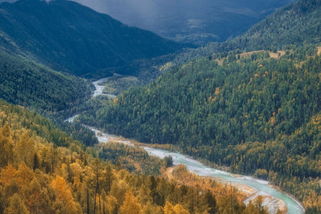 Panorama of the Belaya Berel river gorge in the Altai mountains in autumn Kazakhstanの写真素材