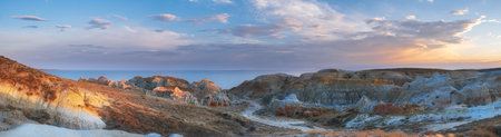 Panorama of Desert landscapes with colored rocks of eastern Kazakhstan in the area of the Bukhtarma...