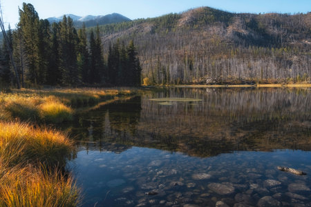 Beautiful landscape with mountain lake, where the peak is reflected in transparent water in Kazakhstan. Mountain Altai in Katon-Karagay Park.の写真素材