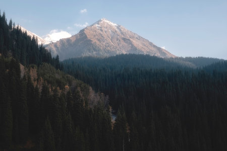 Mount Big Almaty Peak in the Big Almaty Gorge in the evening in Kazakhstan.の写真素材
