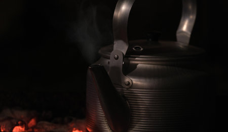 Atmospheric kettle in camping boiled on a fire on coals at night in nature