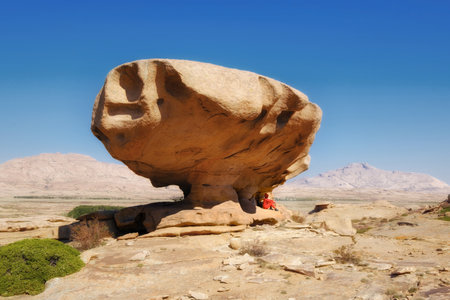 The stone mushroom is an amazing creation of nature in the Bektau Ata Nature Park in Kazakhstan - a giant boulder balancing on a thin leg in the middle of the steppe landscape and under it a small figure of a touristの写真素材