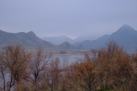 A cold misty landscape and the outlines of mountains covered with haze, against the background of the calm surface of the Ili river, framed by leafless autumn vegetation, Kazakhstan.の写真素材