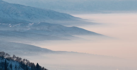 Snow-capped mountains covered with layers of fog or smog, with trees in the foreground. Winter...