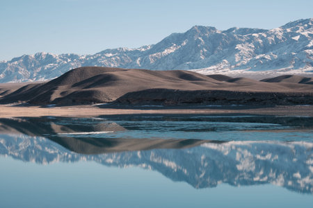 Panoramic view of the Bartogai reservoir in Almaty region, Kazakhstan. A mirror image of the...