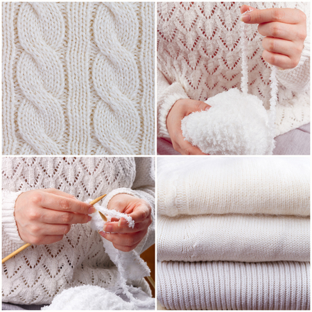 Close up of white wool yarn collage conceptの写真素材