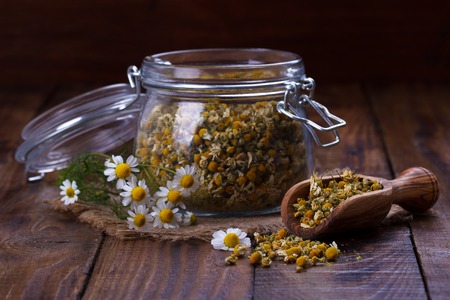 Portion of dried Chamomile on an old wooden table,close upの写真素材