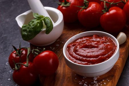 tomato sauce with garlic, basil and spices in a white bowl closeup.horizontal top viewの写真素材