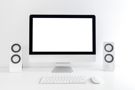White modern desktop with computer and speackers. Minimalistic workplace, mock up
