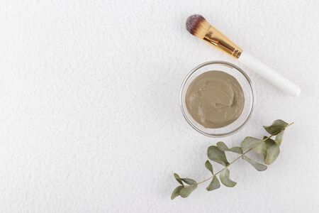 Cosmetic clay powder for skin and hair, spa and wellness, natural cosmetics and brush on white background with copy spaceの写真素材