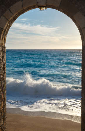 Ionian sea Greece, seashore through the arch door ,Kathisma beachの写真素材