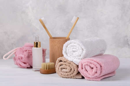 Zero waste reusable bathroom items, towels and hygiene cosmeticsの写真素材