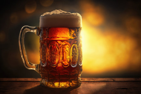 Pint of beer on the wooden surface, soft window light, Generative AIの素材